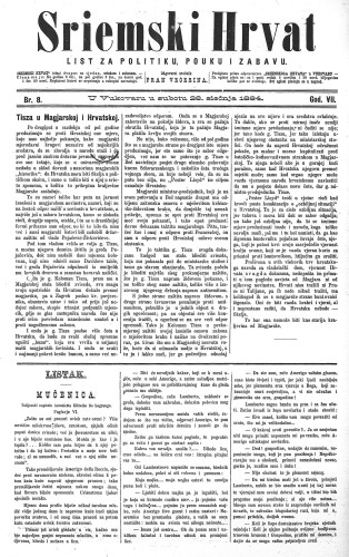 Sriemski Hrvat : list za politiku, pouku i zabavu : 7,8(1884) / odgovorni urednik Fran Večerina.
