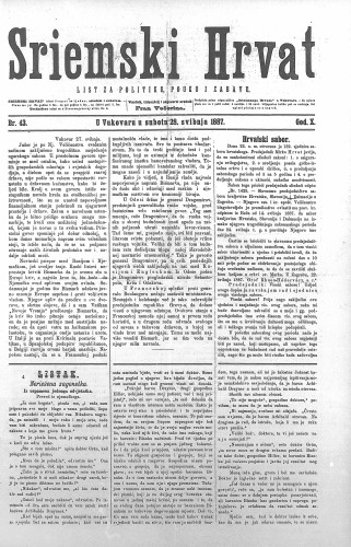 Sriemski Hrvat : list za politiku, pouku i zabavu : 10,43(1887) / odgovorni urednik Fran Večerina.