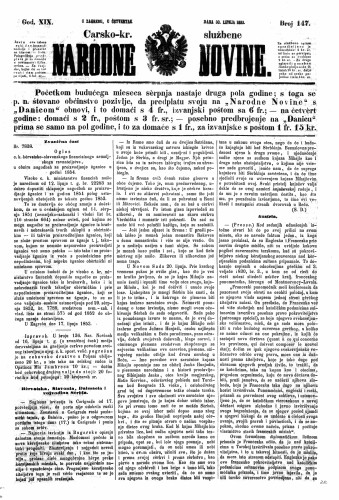 Carsko-kr. službene narodne novine : 19,147(1853) / učrednik Dr. Ljudevit Gaj.