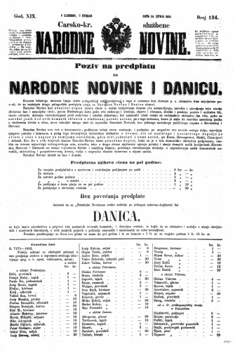 Carsko-kr. službene narodne novine : 19,134(1853) / učrednik Dr. Ljudevit Gaj.