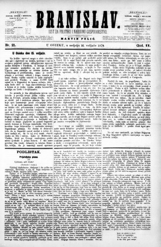 Branislav : list za politiku i narodno gospodarstvo : 2,21(1879) / odgovorni urednik Martin Polić.