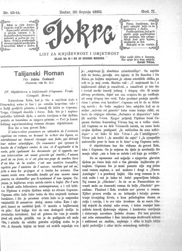Iskra : list za književnost i umjetnost : 2,13-14(1892) / odgovorni urednik Nikola Šimić.
