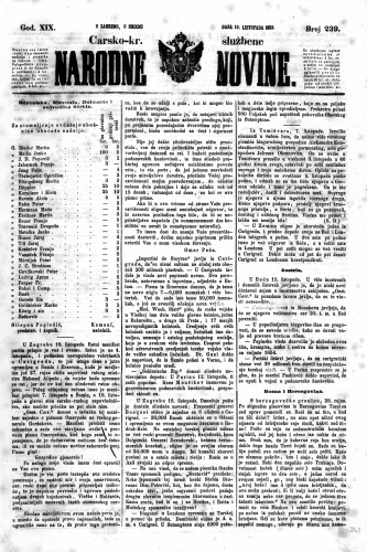 Carsko-kr. službene narodne novine : 19,239(1853) / učrednik Dr. Ljudevit Gaj.