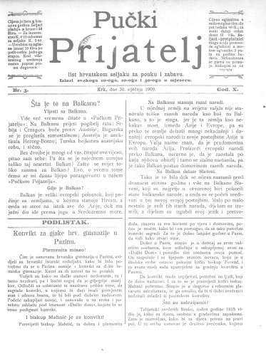 Pučki prijatelj : list hrvatskom seljaku za pouku i zabavu : 10,3(1909) / za uredništvo odgovara Miho Brusić.