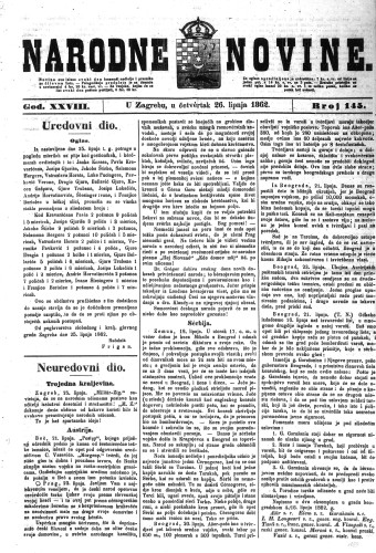 Narodne novine : 28,145(1862) / odgovorni urednik Dimitrije Demeter.
