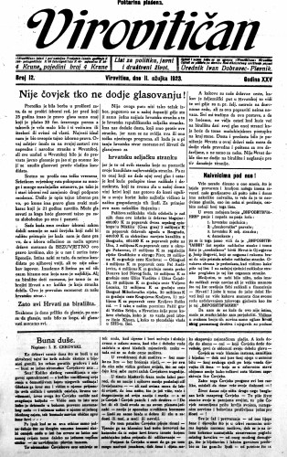 Virovitičan : list za politiku, javni i društveni život : 25,12(1923) / odgovorni urednik Ivan Dobravec-Plevnik.