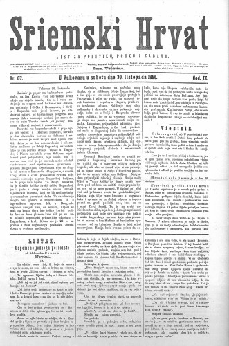 Sriemski Hrvat : list za politiku, pouku i zabavu : 9,87(1886) / odgovorni urednik Fran Večerina.