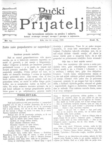 Pučki prijatelj : list hrvatskom seljaku za pouku i zabavu : 10,14(1909) / za uredništvo odgovara Miho Brusić.