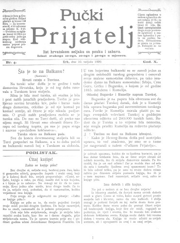 Pučki prijatelj : list hrvatskom seljaku za pouku i zabavu : 10,4(1909) / za uredništvo odgovara Miho Brusić.