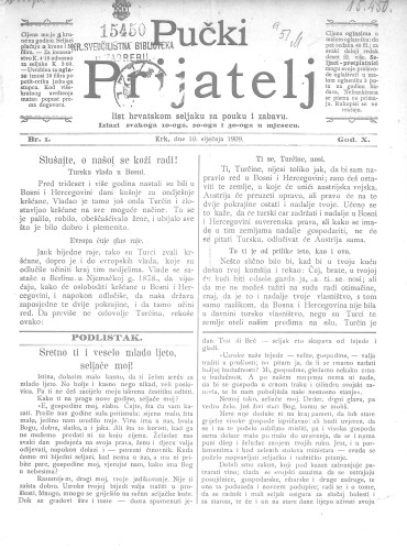 Pučki prijatelj : list hrvatskom seljaku za pouku i zabavu : 10,1(1909) / za uredništvo odgovara Miho Brusić.