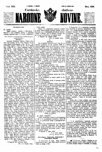 Carsko-kr. službene narodne novine : 19,206(1853) / učrednik Dr. Ljudevit Gaj.