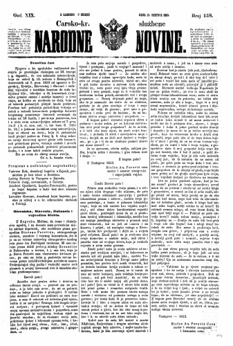 Carsko-kr. službene narodne novine : 19,158(1853) / učrednik Dr. Ljudevit Gaj.