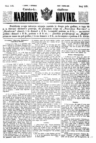 Carsko-kr. službene narodne novine : 19,153(1853) / učrednik Dr. Ljudevit Gaj.