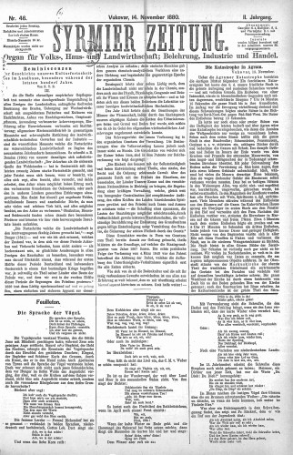 Syrmier Zeitung : Organ für Volks, Haus- und Landwirtschaft, Belehrung, Industrie und Handel : 2,46(1880) / [verantwortl. Redakteur Fr. Kiefer].