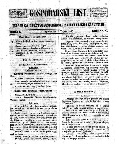Gospodarski list : 5,6(1857) / odgovorni urednik Lj. Vukotinović.