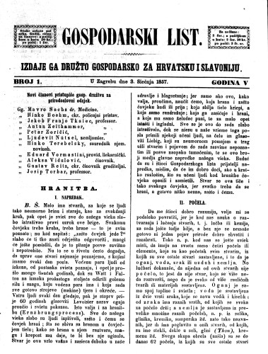 Gospodarski list : 5,1(1857) / odgovorni urednik Lj. Vukotinović.