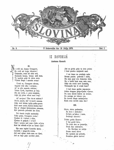 Slovinac : list za knjigu, umjetnost i obrtnost : 1,6(1878) / odgovorni urednik Luko Zore.