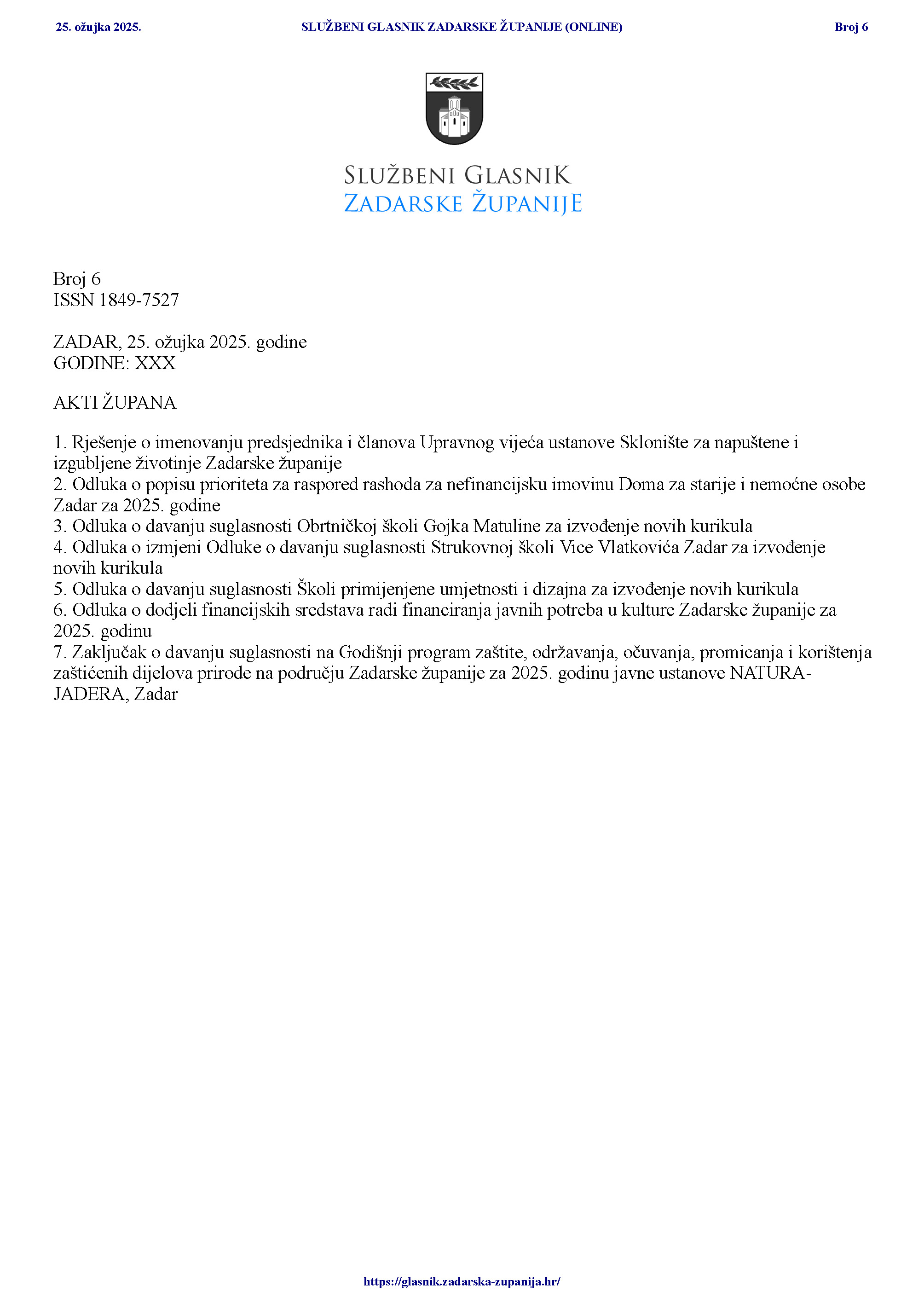 Službeni glasnik Zadarske županije : 32,6(2025) 