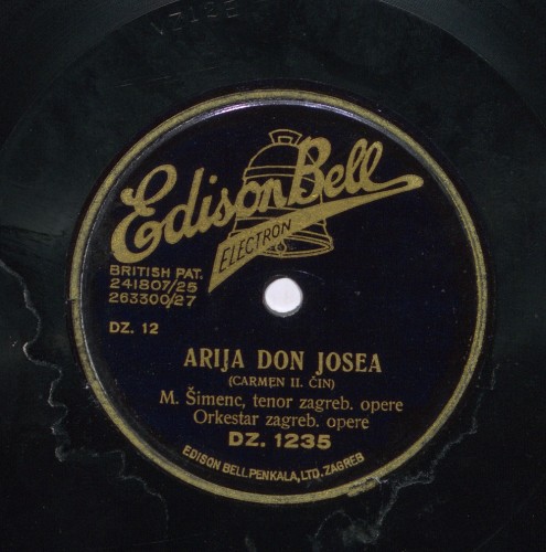 Arija don Josea : Carmen : II. čin / [Georges Bizet] ; [izvodi] M. [Mario] Šimenc, tenor zagrebačke opere ; Orkestar zagrebačke opere.