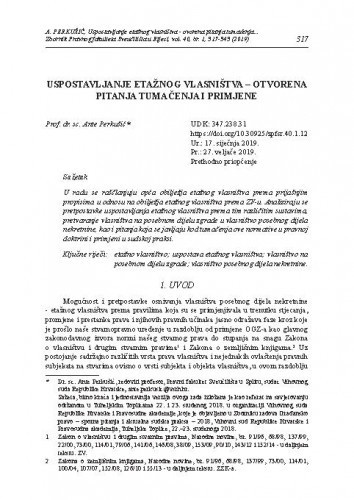 Uspostavljanje etažnog vlasništva : otvorena pitanja tumačenja i primjene / Ante Perkušić.
