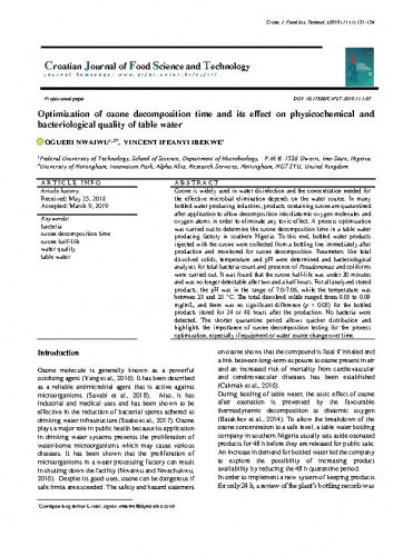 Optimization of ozone decomposition time and its effect on physicochemical and bacteriological quality of table water / Ogueri Nwaiwu, Vincet Ifeanyi Ibekwe.
