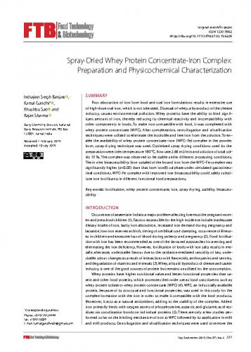 Spray-dried whey protein concentrate-iron complex : preparation and physicochemical characterization / Indrajeet Singh Banjare, Kamal Gandhi, Khushbu Sao, Rajan Sharma.
