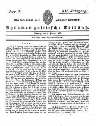 Agramer politische Zeitung : 12,7(1837) / Verlager und Redacteur Franz Stauduar und Ferd. Rosenau.