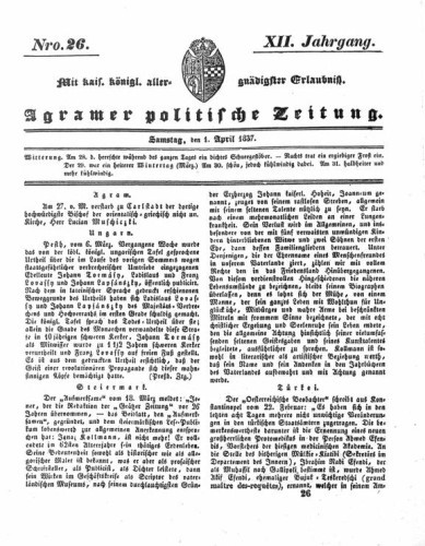 Agramer politische Zeitung : 12,26(1837) / Verlager und Redacteur Franz Stauduar und Ferd. Rosenau.