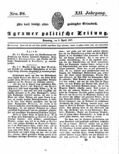 Agramer politische Zeitung : 12,28(1837) / Verlager und Redacteur Franz Stauduar und Ferd. Rosenau.