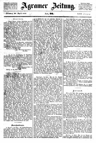 Agramer Zeitung : 26,99(1851) / für die Redaktion verantwortlich Ivan Sonvan