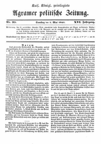 Agramer politische Zeitung : 16,35(1841) / Verlager und Redacteur Franz Stauduar und Ferdinand Rosenau.
