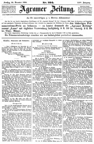 Agramer Zeitung : 25,294(1850) / für die Redaktion verantwortlich Ivan Sonvan