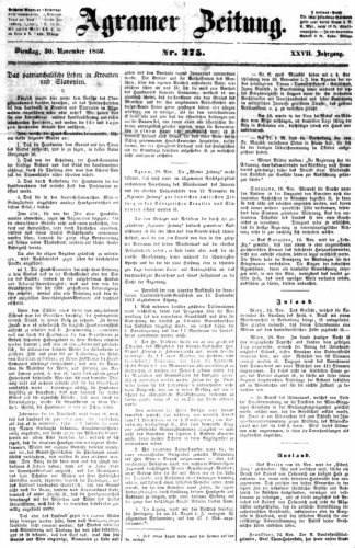 Agramer Zeitung : 27,275(1852) / Redakteur und Verlager F. S. Stauduar.