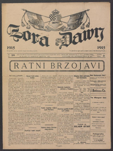 Zora : jedina hrvatska novina u cijeloj Australaziji = The Dawn : the only Croatian newspaper in all Australasia : 3, 29(1915).