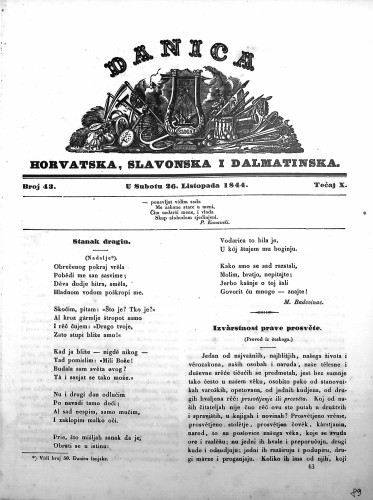 Danica horvatska, slavonska i dalmatinska : 10,43(1844)  / učrednik Ljudevit Gaj.