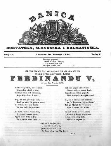 Danica horvatska, slavonska i dalmatinska : 10,16(1844)  / učrednik Ljudevit Gaj.