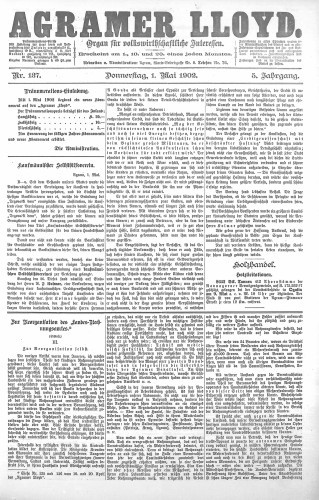 Agramer Lloyd  : organ für volkswirtschaftliche Interessen : 5,137(1902) / verantwortlicher Redacteur E. L. Blau.