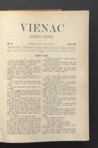 Vienac : zabavi i pouci. : 3,6(1871) / urednici Ivan Perkovac i Ivan Dežman.
