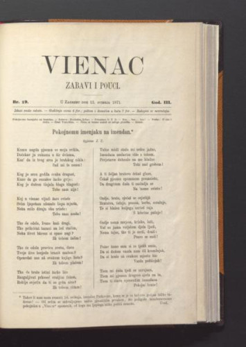 Vienac : zabavi i pouci. : 3,19(1871) / urednik Ivan Dežman.