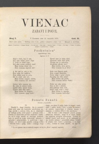 Vienac : zabavi i pouci. : 2,7(1870) / urednik Ivan Perkovac.
