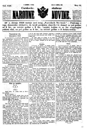 Carsko-kr. službene narodne novine : 22,15(1856)  / privremeni učrednik Dr. Demeter.