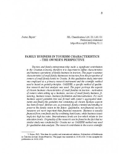 Family business in tourism characteristics : the owner's perspective / Ivana Bujan.
