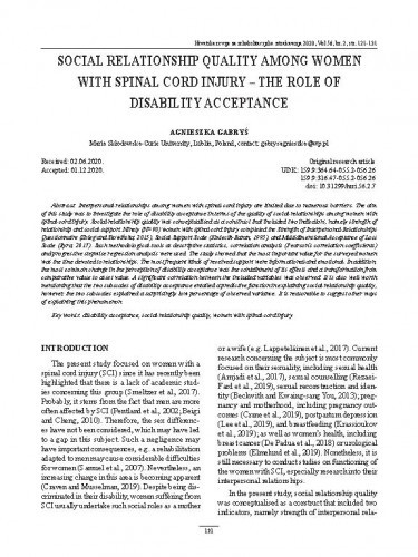 Social relationship quality among women with spinal cord injury : the role of disability acceptance / Agnieszka Gabryś.