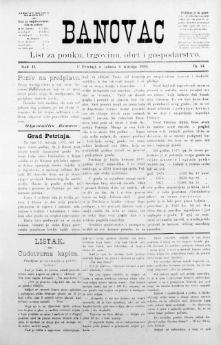 Banovac  : list za pouku, trgovinu, obrt i gospodarstvo : 2,14(1889) / odgovorni urednik Gjuro Kostinčer.