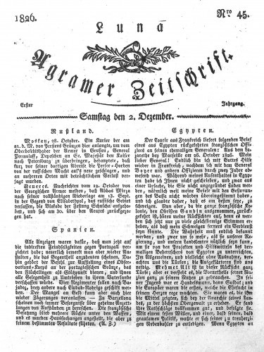 Luna Agramer Zeitschrift : 1,45(1826) / Herausgeber und Redacteurs F. S. Stauduar.