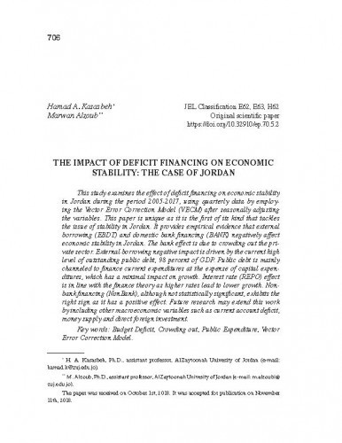 The impact of deficit financing on economic stability : the case of Jordan / Hamad A. Kasasbeh, Marwan Alzoub.