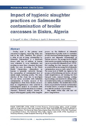 Impact of hygienic slaughter practices on Salmonella contamination of broiler carcasses in Biskra, Algeria / Nadjah Guergueb, Nadir Allooui, Ilhem Chachoua, Ammar Ayachi, Omar Bennoun, Laila Aoun.