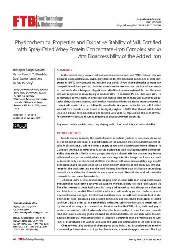Physicochemical properties and oxidative stability of milk fortified with spray-dried whey protein concentrate–iron complex and in vitro bioaccessibility of the added iron / Indrajeet Singh Banjare, Kamal Gandhi, Khushbu Sao, Sumit Arora, Vanita Pandey.