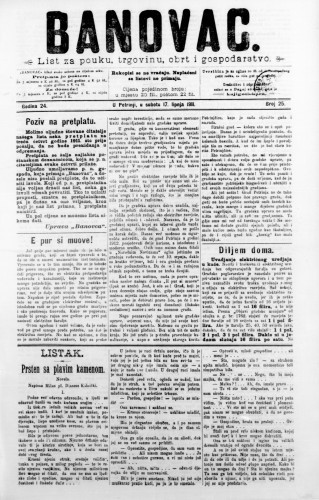 Banovac  : list za pouku, trgovinu, obrt i gospodarstvo : 24,25(1911) / odgovorni urednik Dragutin Benko.