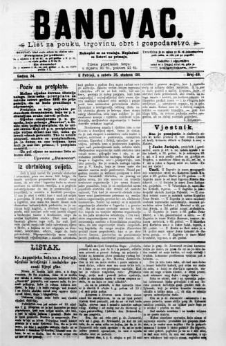 Banovac  : list za pouku, trgovinu, obrt i gospodarstvo : 24,48(1911) / odgovorni urednik Dragutin Benko.